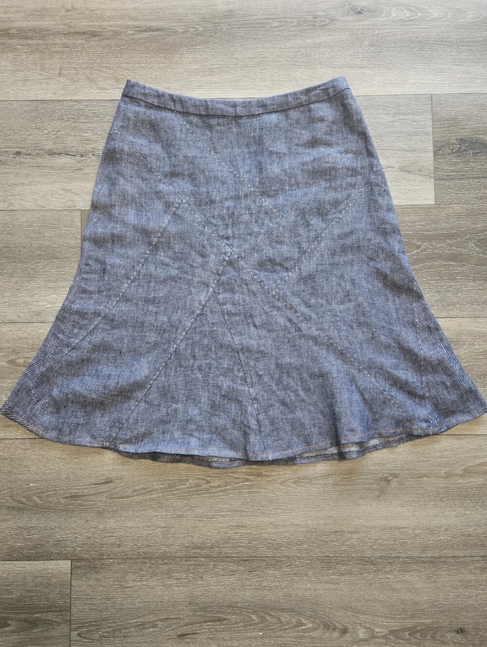 CAbi Style 930 Blue Linen Denim Look Patchwork Flared A-Line Skirt Size 2